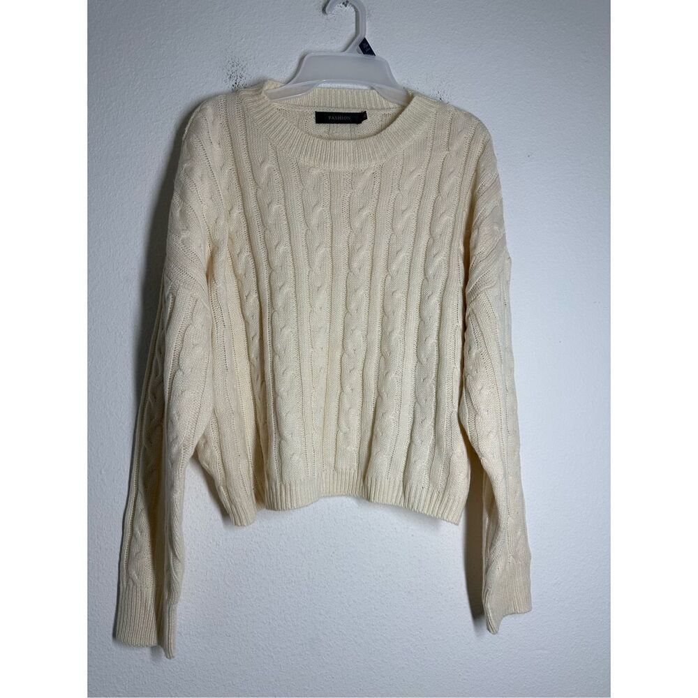 Fashion Women’s Cable Knit Crewneck Sweater Cream Size XL